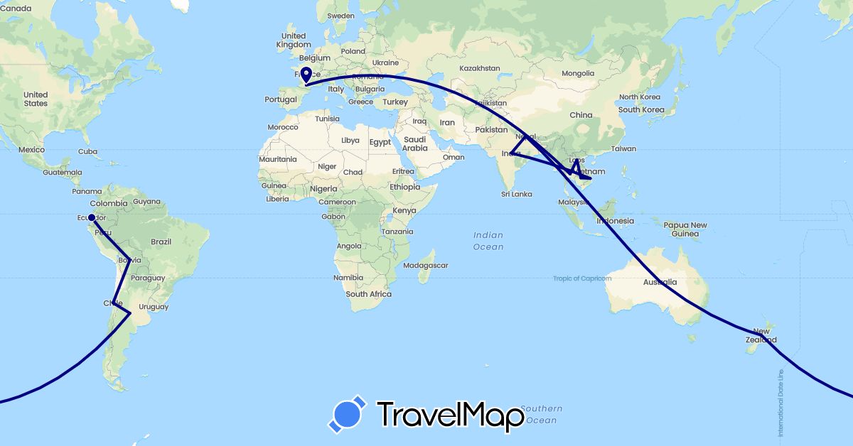 TravelMap itinerary: driving in Argentina, Australia, Bolivia, Chile, Ecuador, France, India, Cambodia, Laos, Nepal, New Zealand, Peru, Thailand, Vietnam (Asia, Europe, Oceania, South America)